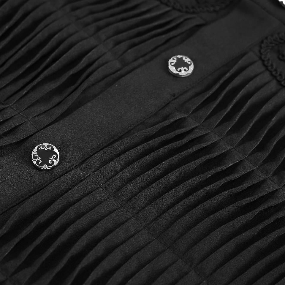 Black pleated shirt close-up with ornate round buttons and braided trim | Chaps London