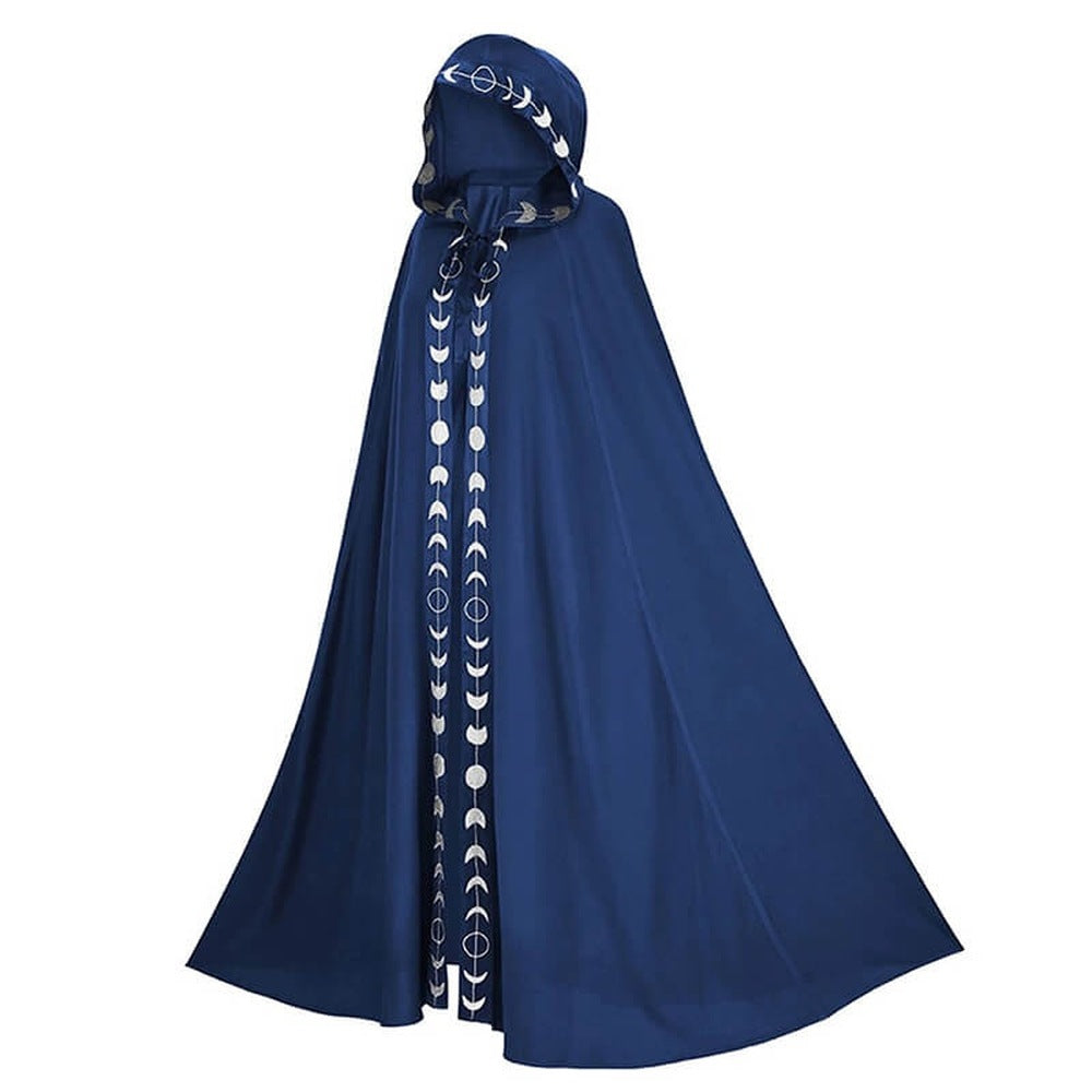 Navy blue hooded cloak with white moon phase trim, floor length | Chaps London