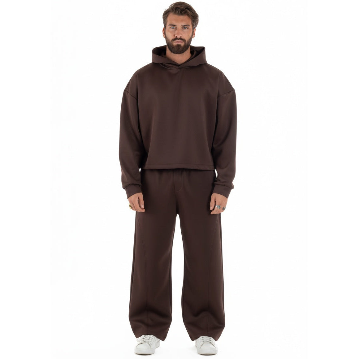 Men's Cropped Hoodie Set | Baggy Trousers | Brown