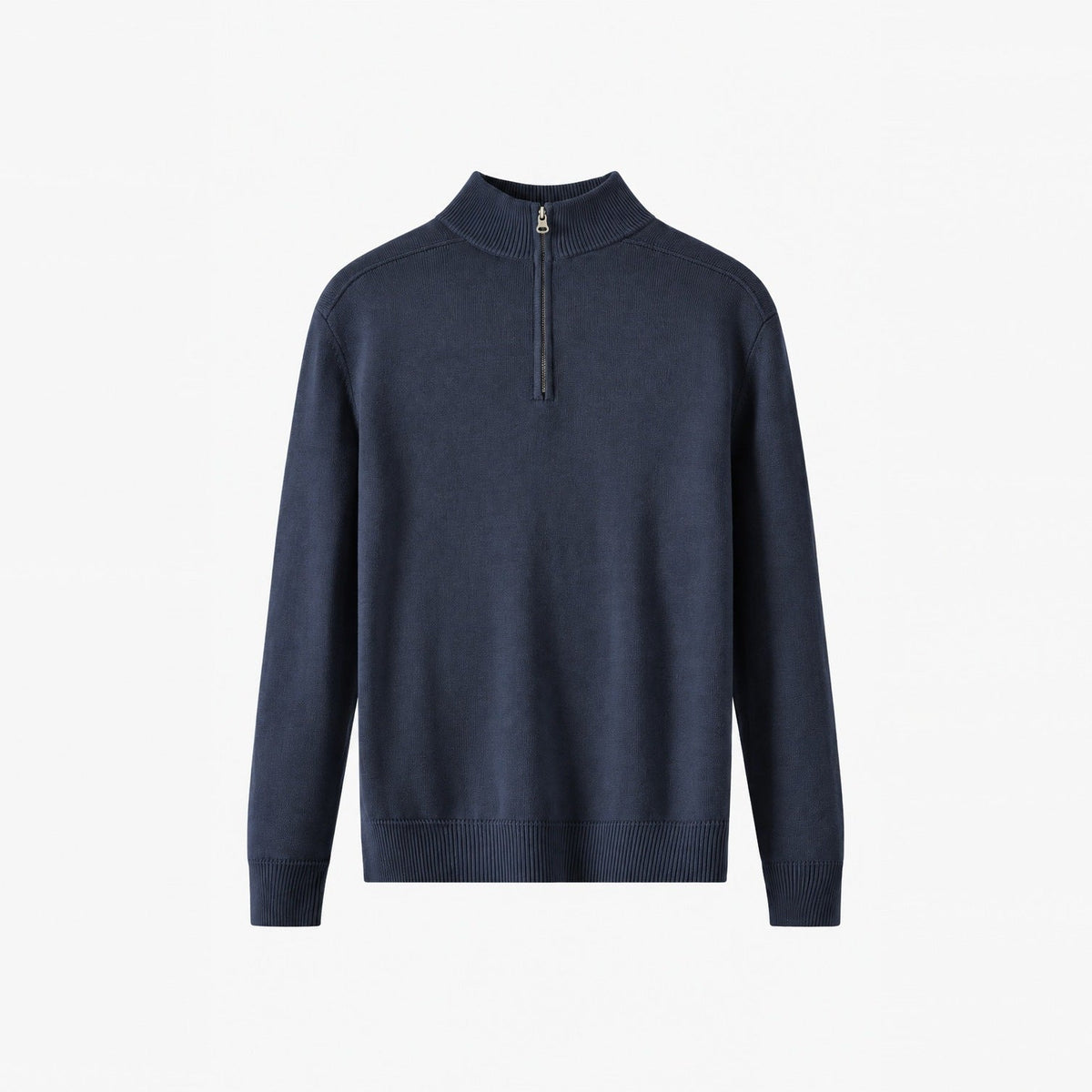 Navy blue half zip jumper, knit fabric, shown flat on background | Chaps London