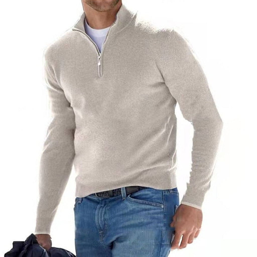 Man wearing beige quarter-zip sweater with stand collar and blue jeans | Chaps London