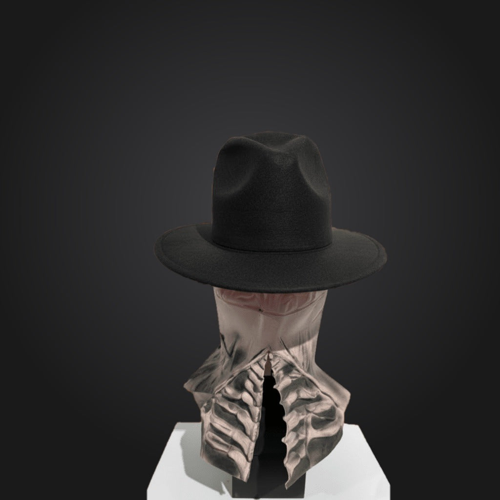 Black fedora hat on ribbed textured mannequin head with ruffled neck | Chaps London