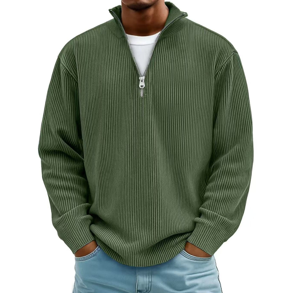 Man wearing olive green ribbed knit quarter-zip sweater with light jeans | Chaps London
