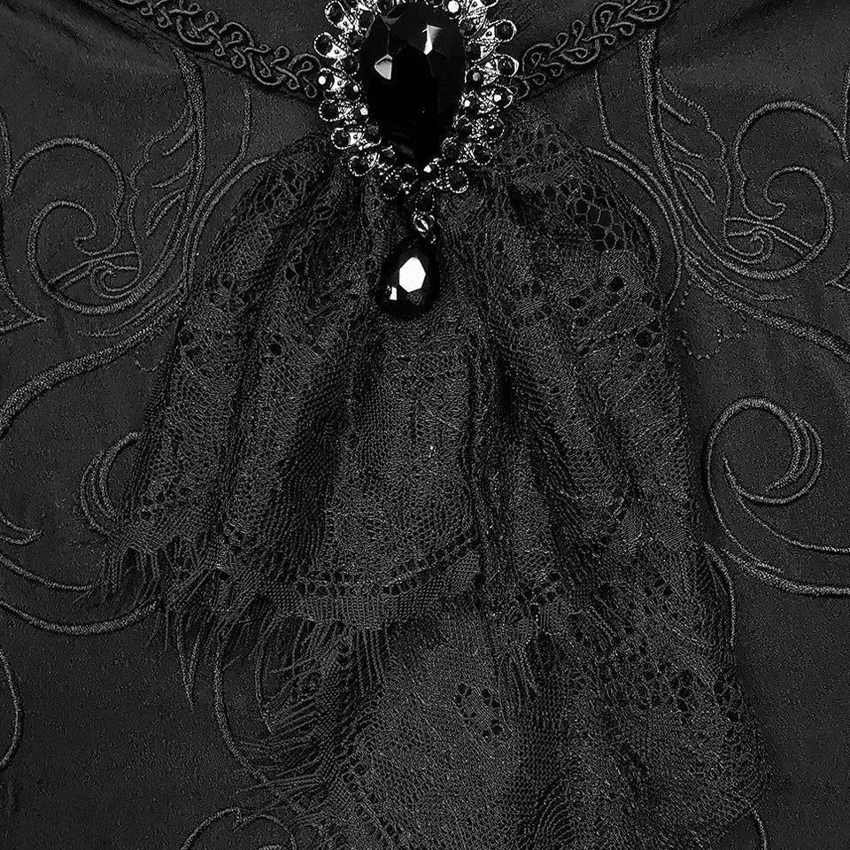 Black gothic shirt with lace cravat and jeweled brooch detail, close-up view | Chaps London