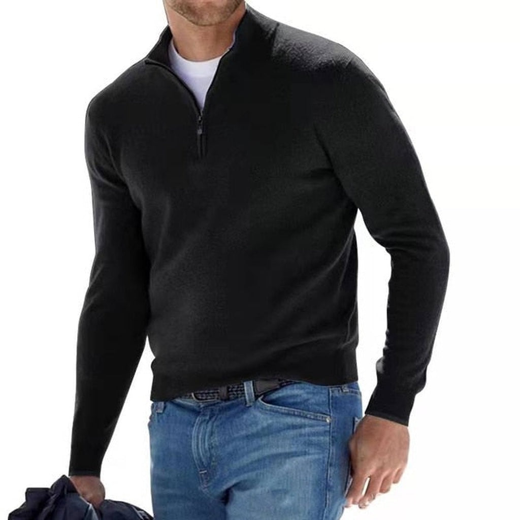 Man wearing black quarter zip sweater with jeans and belt | Chaps London