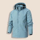 Slate blue hooded rain jacket with zippered pockets, shown on invisible mannequin | Chaps London