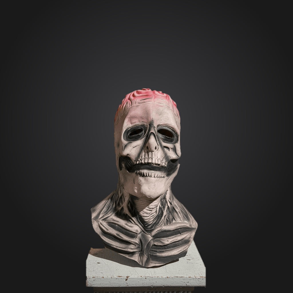 White latex skull mask with pink hair displayed on mannequin bust | Chaps London