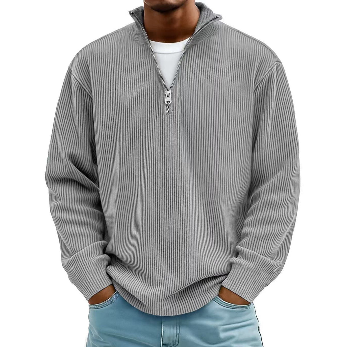 Man wearing gray ribbed knit half-zip sweater with light blue jeans | Chaps London