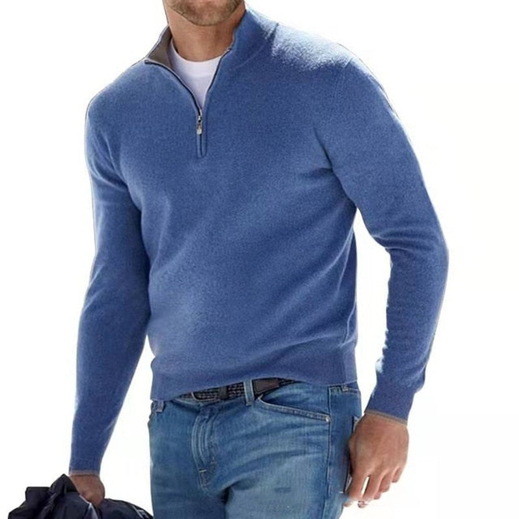 Man wearing blue quarter-zip sweater with stand collar and jeans | Chaps London