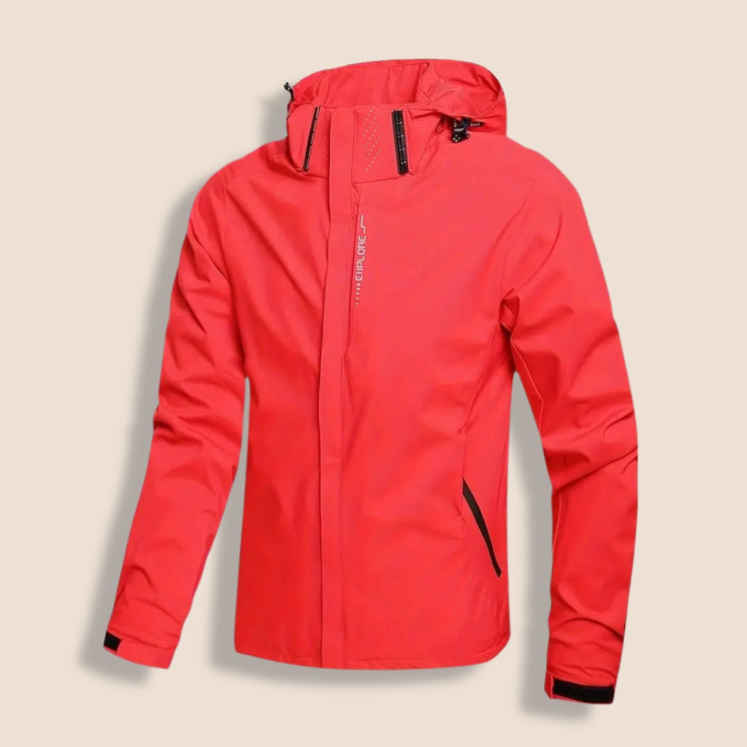 Red hooded rain jacket with zip pockets, shown flat against beige background | Chaps London