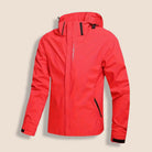 Red hooded rain jacket with zip pockets, shown flat against beige background | Chaps London