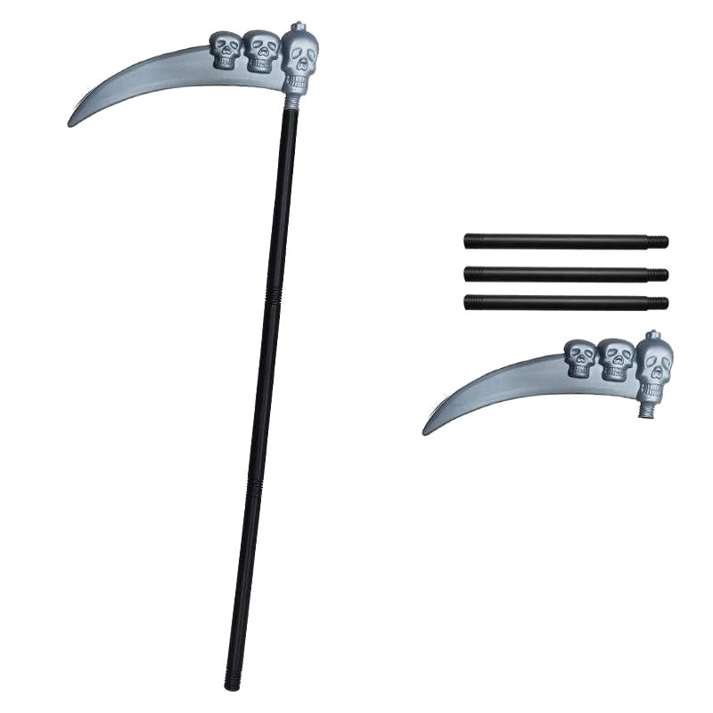 Gray skull-handled scythe prop with assembly rod pieces, shown unassembled flat | Chaps London