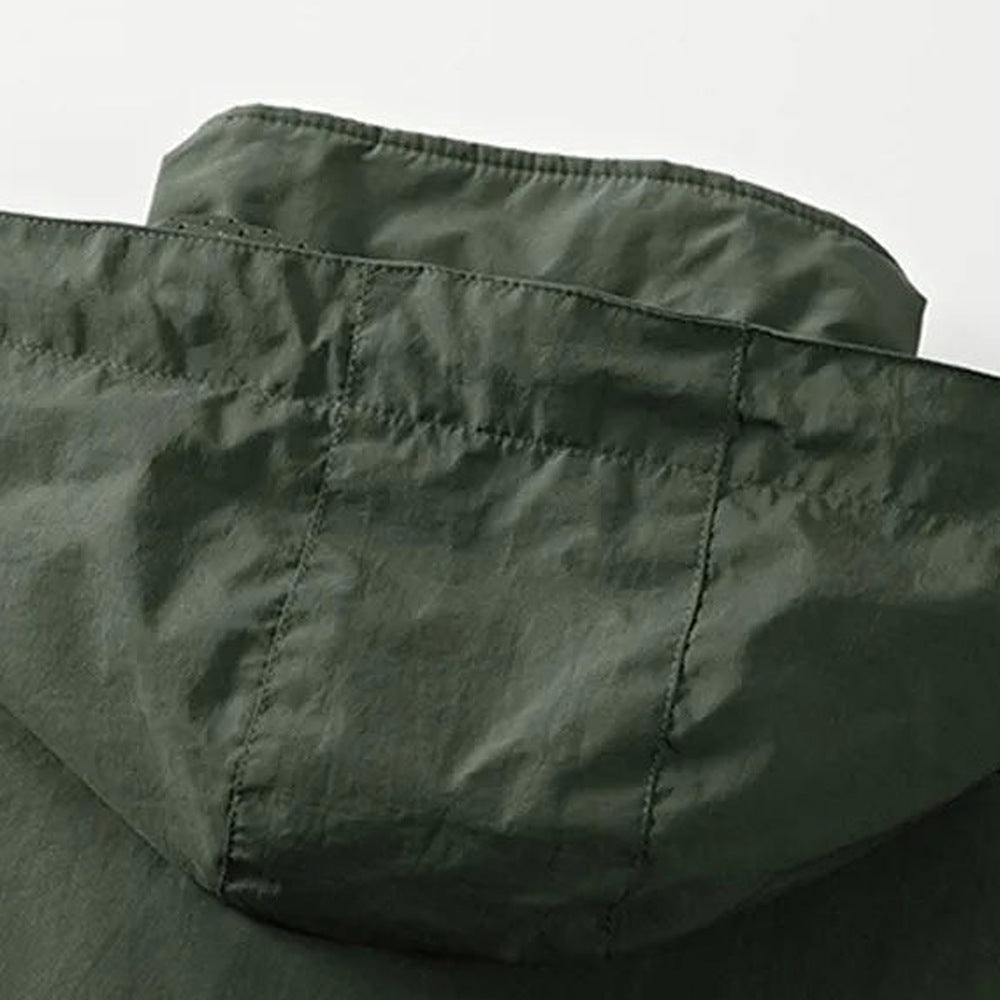 Close-up of dark green jacket hood and collar stitching detail, flat | Chaps London