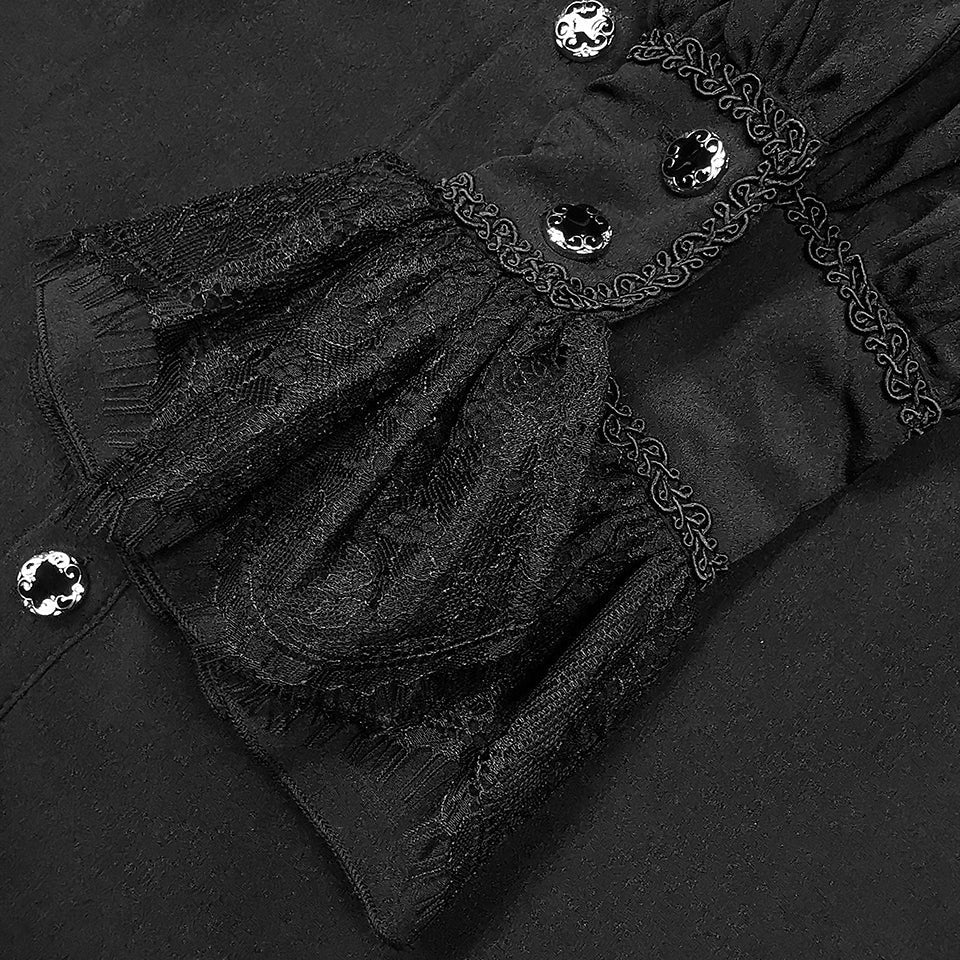 Black gothic cuff with lace, embroidery trim and button details, close-up view | Chaps London