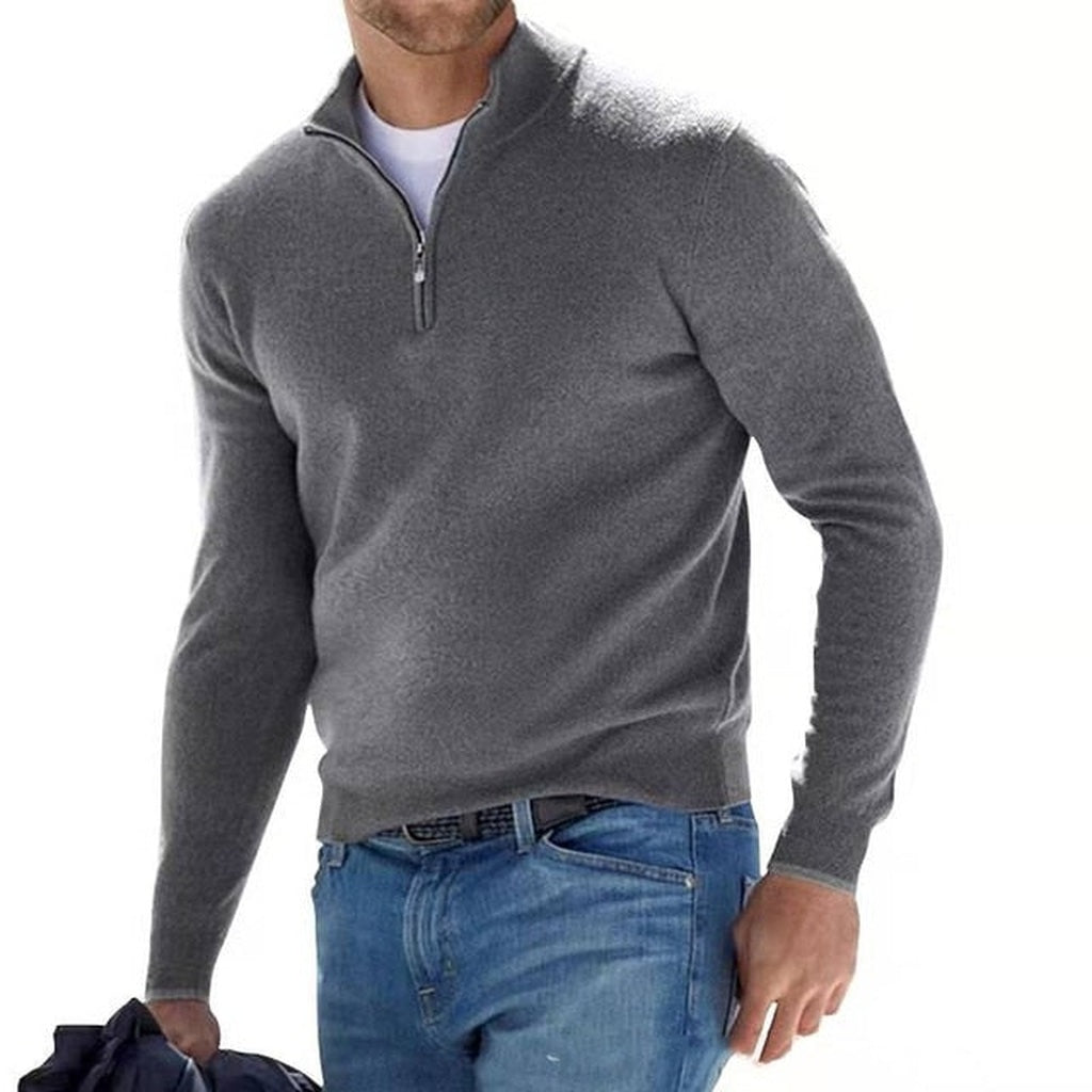 Gray quarter-zip sweater with stand collar worn by man with jeans | Chaps London
