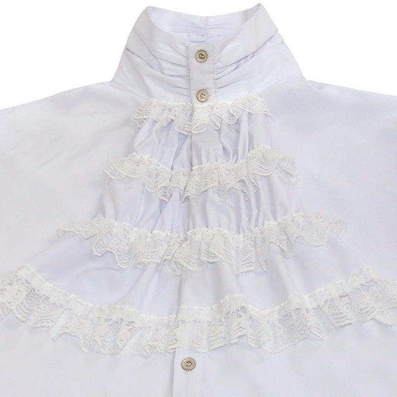 White ruffled jabot shirt with tiered lace collar, close-up view | Chaps London