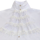 White ruffled jabot shirt with tiered lace collar, close-up view | Chaps London