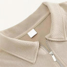 Beige textured knit polo collar with zipper detail, close-up worn shot | Chaps London