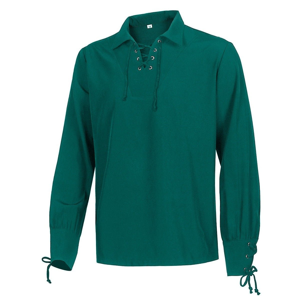 Teal green lace-up collared shirt with long sleeves, laid flat | Chaps London