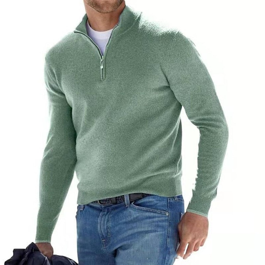 Man wearing sage green quarter-zip sweater with jeans, worn on person | Chaps London