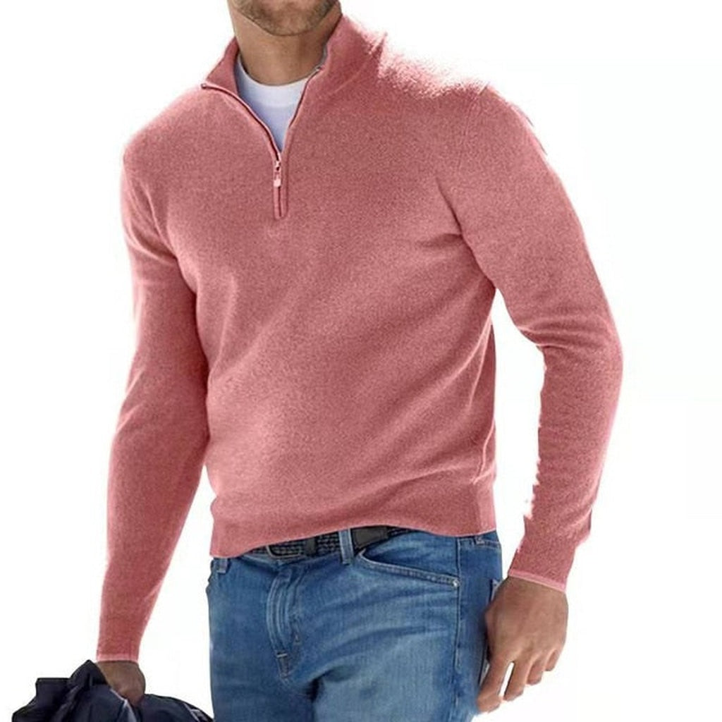 Man wearing pink quarter zip sweater with jeans, front view | Chaps London