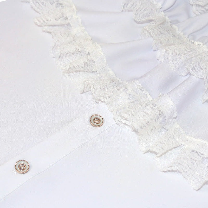 White ruffled lace shirt collar with decorative buttons, close-up flat view | Chaps London