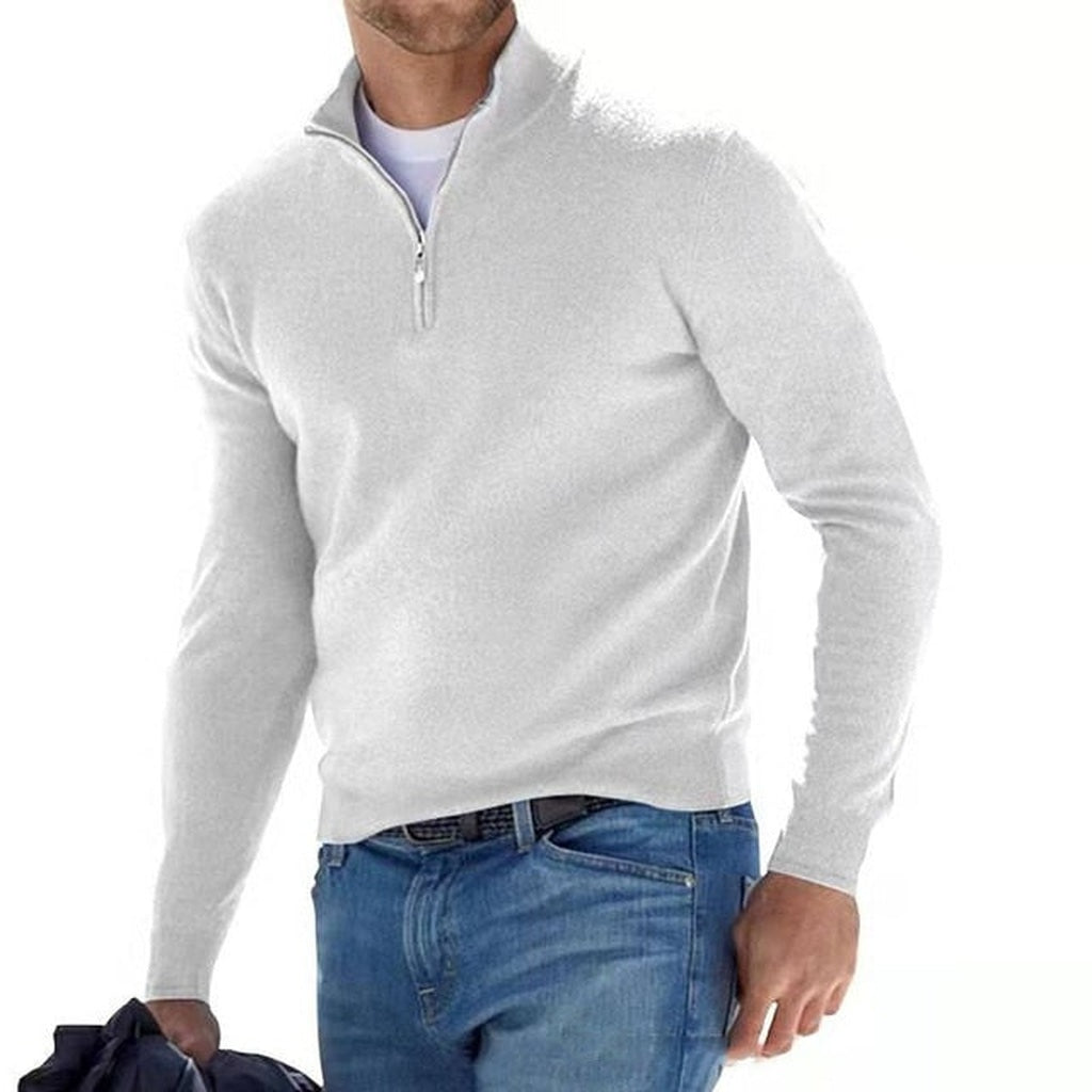Man wearing white quarter-zip sweater with jeans, standing pose | Chaps London