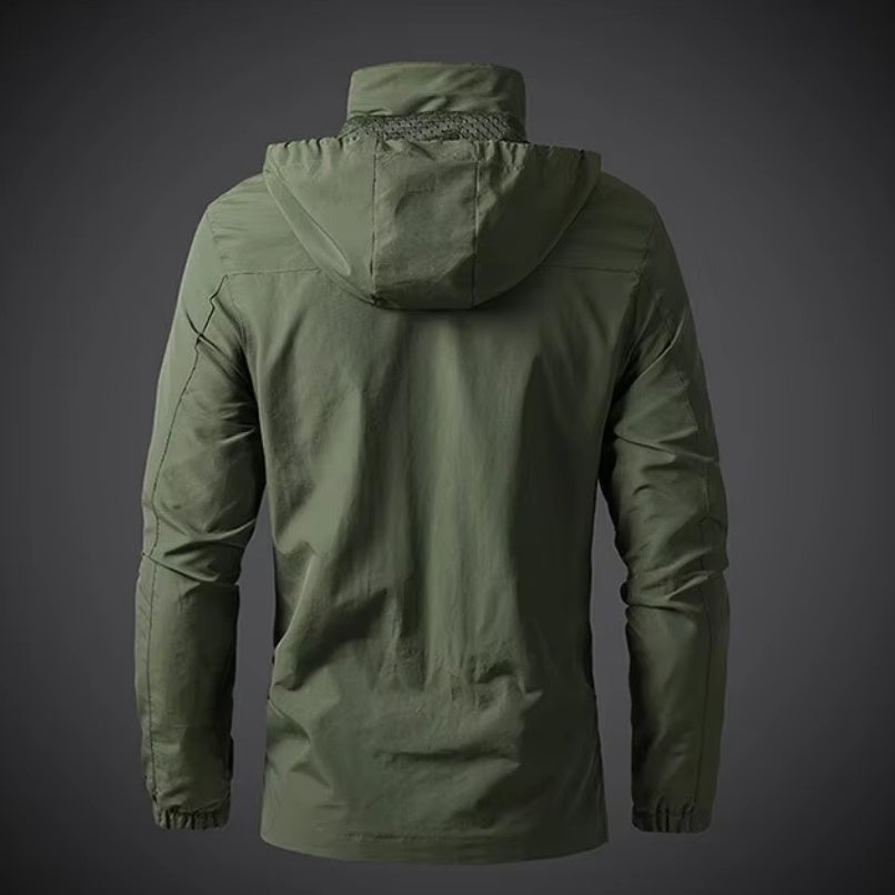 Olive green hooded jacket back view worn by a person | Chaps London