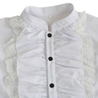 White ruffled shirt with lace trim and black buttons, worn by person | Chaps London