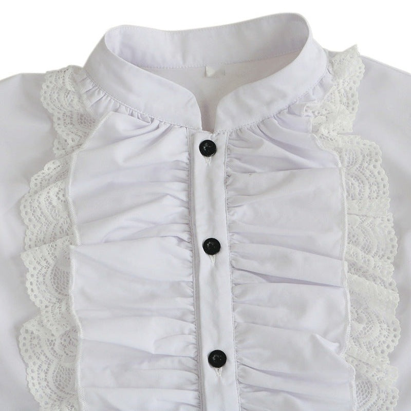 White ruffled shirt with lace trim and black buttons, worn by person | Chaps London