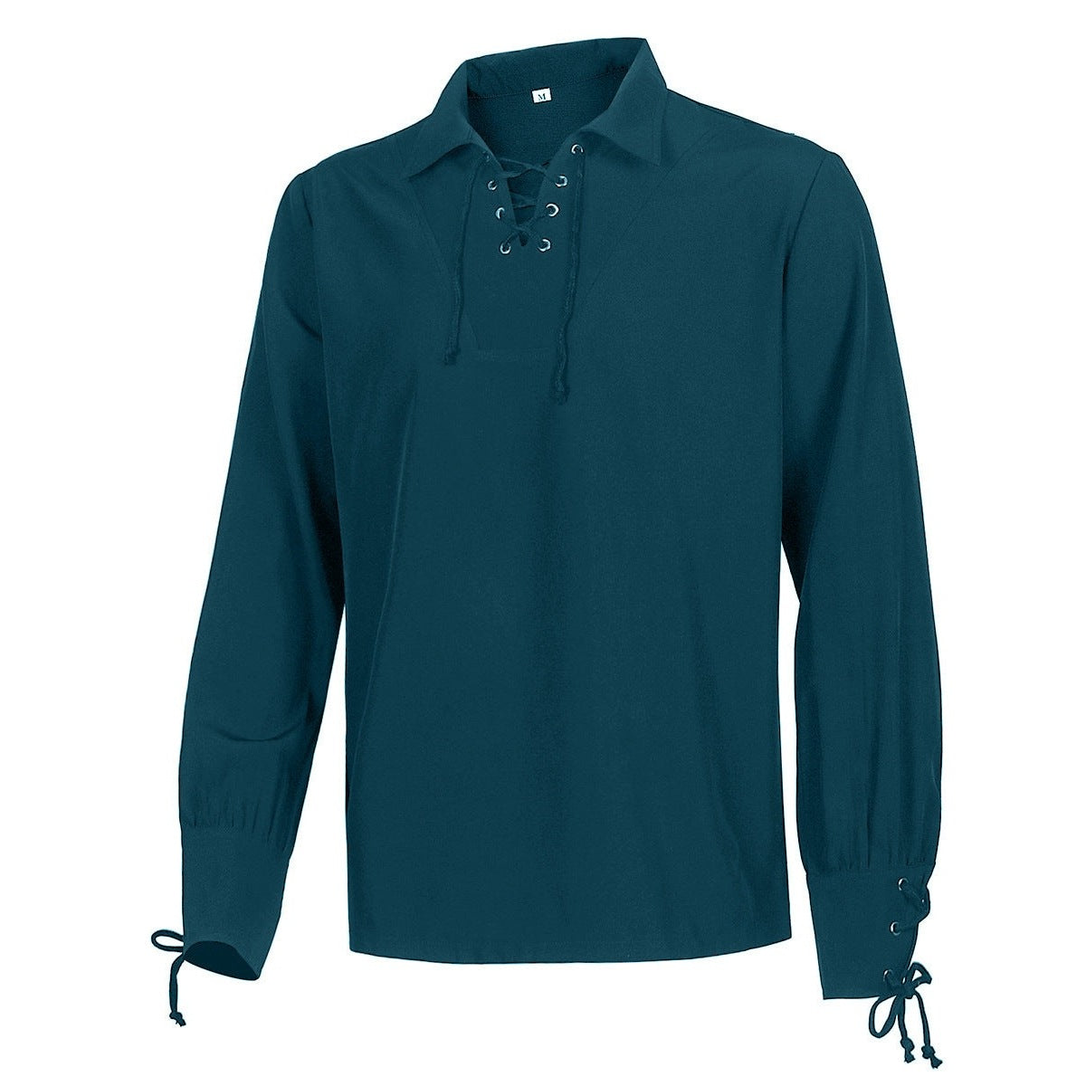 Teal lace-up medieval shirt with long sleeves, shown flat on mannequin form | Chaps London