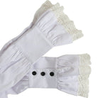 White lace-trimmed ruffle cuffs with black button detail, flat lay | Chaps London