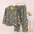 Gray pyjama set with yellow ghost and pumpkin print, displayed on hanger | Chaps London