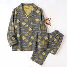Gray pyjama set with yellow ghost and pumpkin print, laid flat | Chaps London