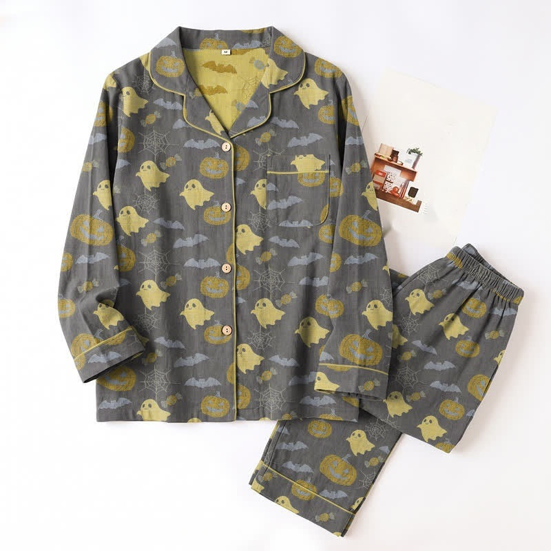 Gray pyjama set with yellow ghost and pumpkin print, laid flat | Chaps London
