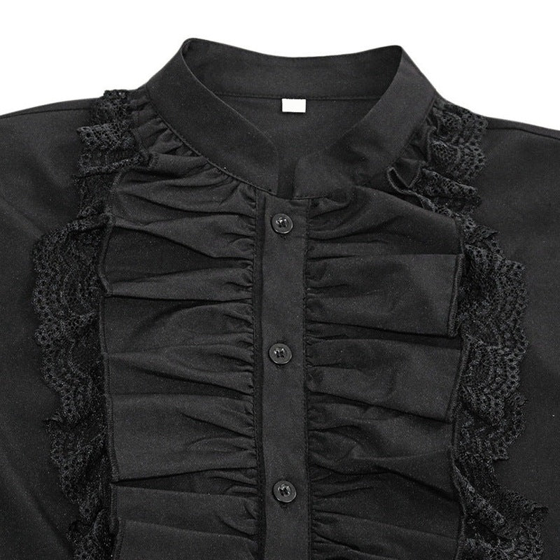 Black ruffled shirt with lace trim, buttoned front, worn by person | Chaps London