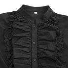 Black ruffled shirt with lace trim, buttoned front, worn by person | Chaps London