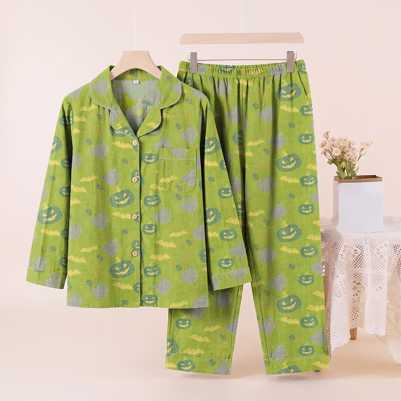 Green pajama set with pumpkin print, hanging and flat lay display | Chaps London