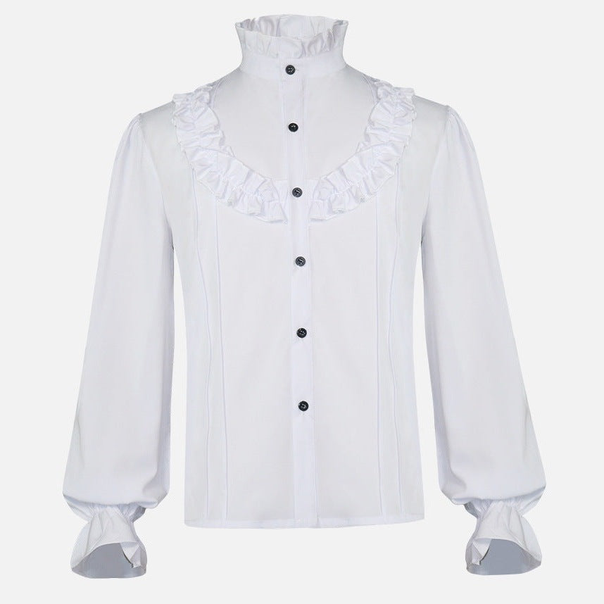 White ruffled high-collar shirt with black buttons, shown flat front view | Chaps London