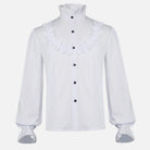White ruffled high-collar shirt with black buttons, shown flat front view | Chaps London