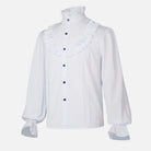 White ruffled collar shirt with black buttons, long sleeves, flat lay | Chaps London
