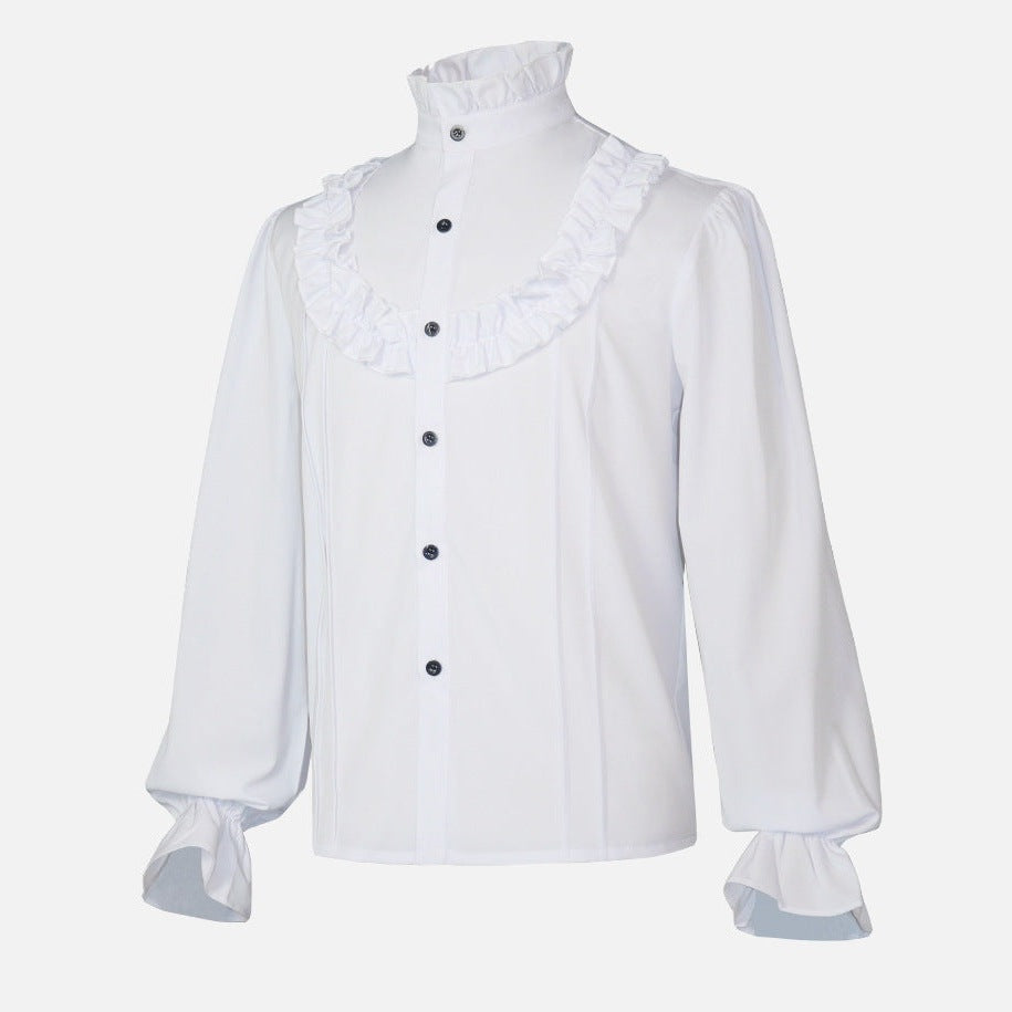 White ruffled collar shirt with black buttons, long sleeves, flat lay | Chaps London