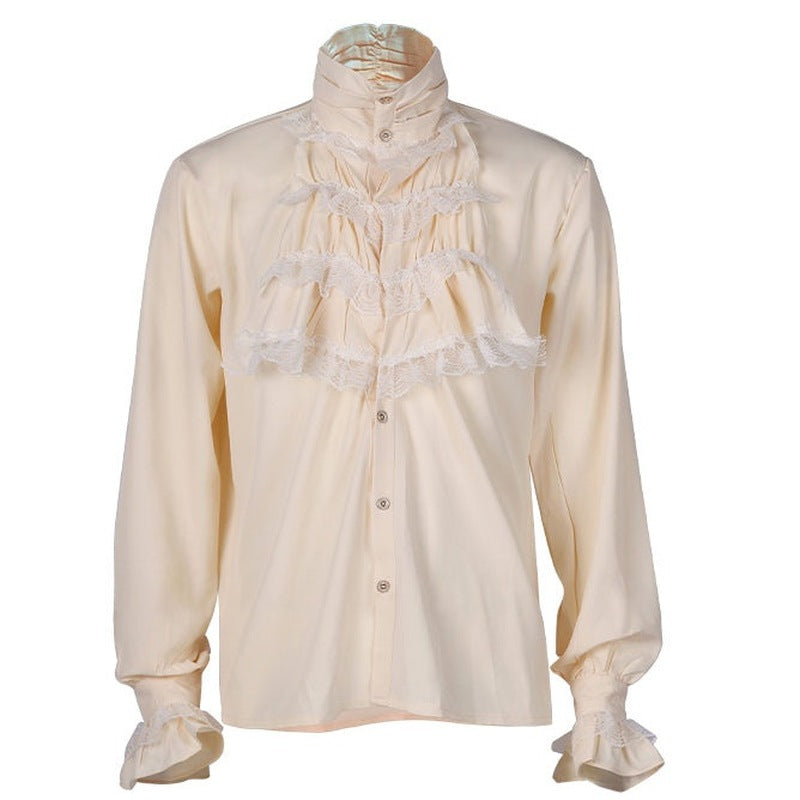 Cream ruffled shirt with high collar and lace cuffs, worn by mannequin | Chaps London