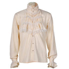 Cream ruffled shirt with high collar and lace cuffs, worn by mannequin | Chaps London