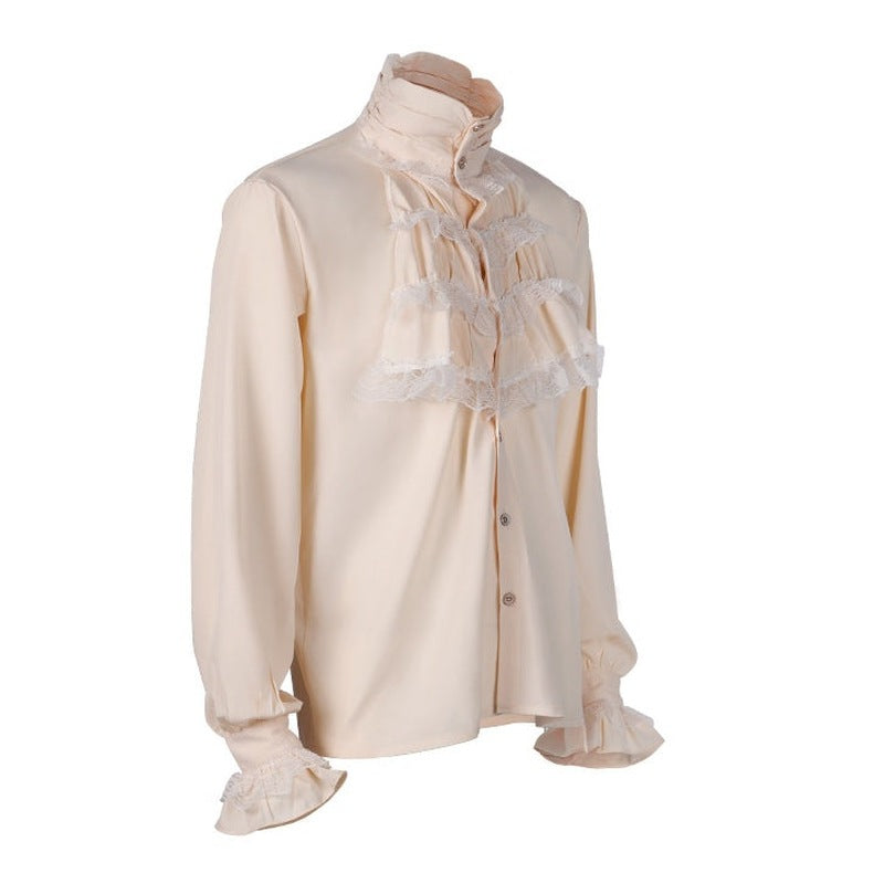 Cream ruffled Victorian shirt with lace jabot, shown on mannequin | Chaps London