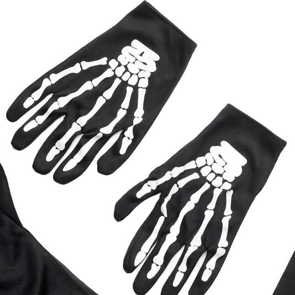 Black gloves with white skeleton hand bone print design, laid flat | Chaps London