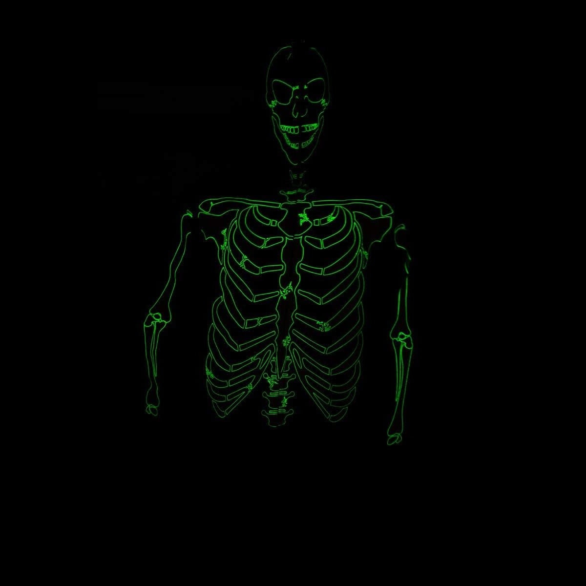 Glow-in-the-dark green skeleton print on black hoodie, upper body shown | Chaps London