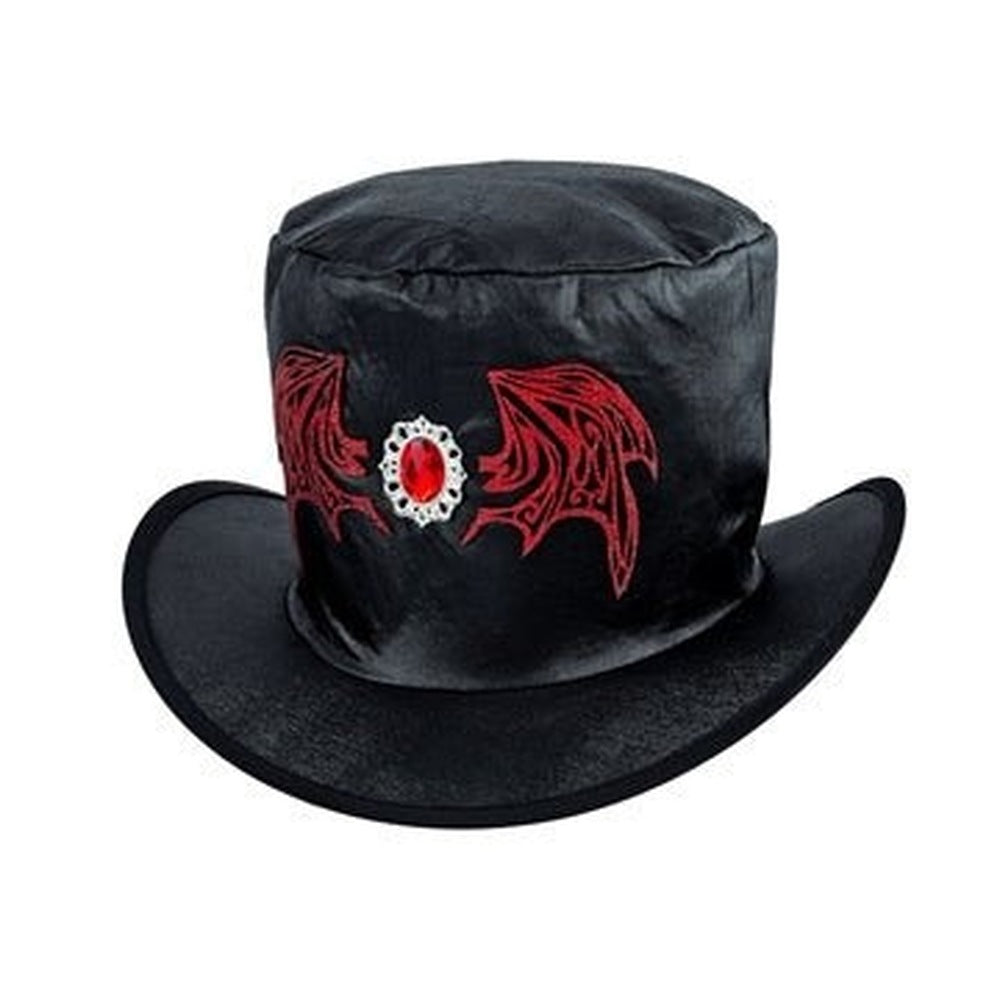 Black velvet top hat with red bat wing embroidery and gem detail | Chaps London