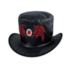 Black velvet top hat with red bat wing embroidery and gem detail | Chaps London