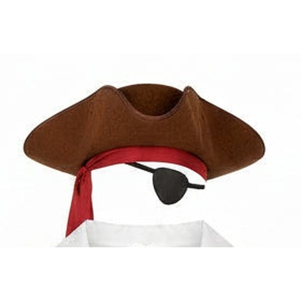 Brown tricorn pirate hat with red sash and black eye patch | Chaps London